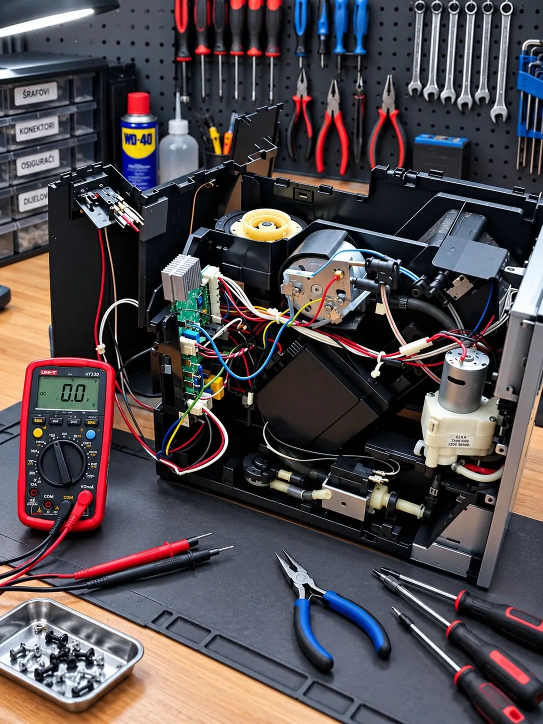 Otvorený automatický kávovar na pracovnom stole v dielni, vedľa multimeter a náradie